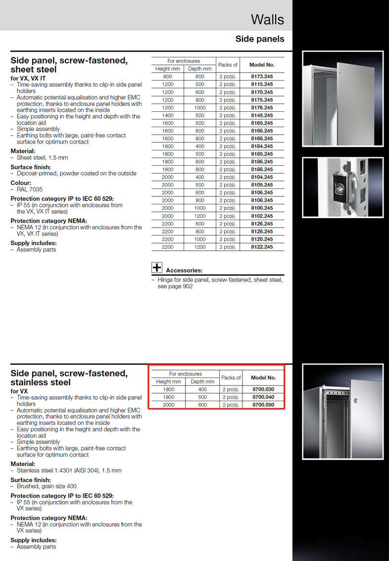 VX8700030 Rittal enclosures VX Side panel,screwfastened,for HD1800x400mm,stainless steel,1.
